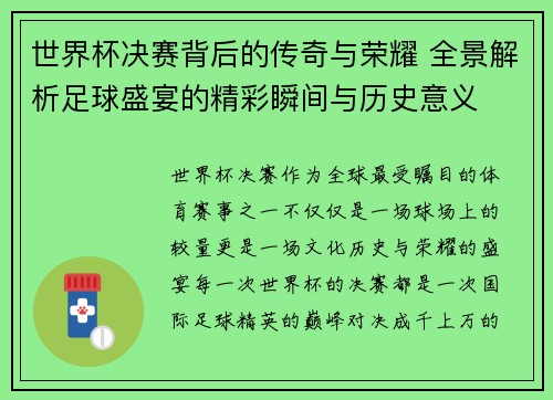 世界杯决赛背后的传奇与荣耀 全景解析足球盛宴的精彩瞬间与历史意义