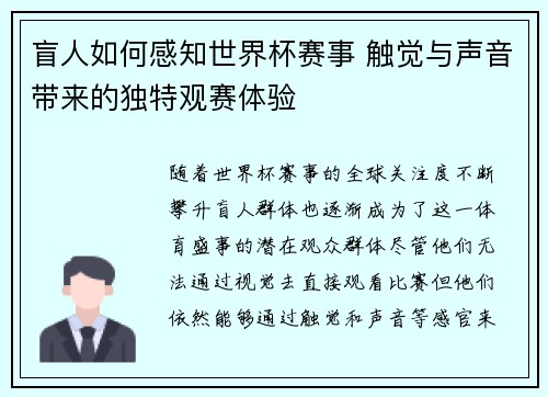 盲人如何感知世界杯赛事 触觉与声音带来的独特观赛体验